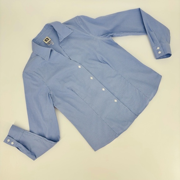 Anne Klein Blue and White Pinstriped Non-Iron Long Sleeve Button Down Top, Small - Picture 12 of 16